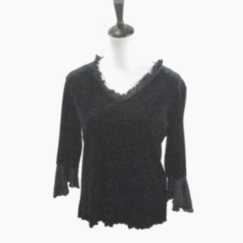 Impressions Black Velour Semi-Sheer Detail 3/4 Sleeve Top Size PL